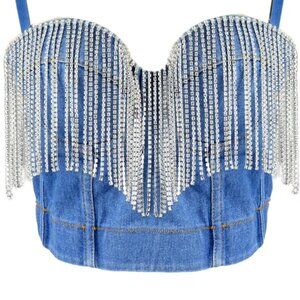 Ellacci Women's Rhinestone Blue Denim Bustier Crop Top Size XS